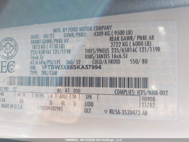 Продажа на аукционе авто 2025 Ford Transit T-350, vin: 1FTBW3X88SKA57994, номер лота: 12665632