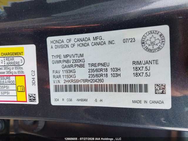 2024 Honda Cr-v Ex-l Hybrid მანქანა იყიდება აუქციონზე, vin: 2HKRS6H76RH204260, აუქციონის ნომერი: 12665655