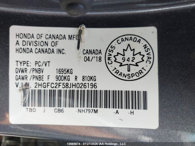 2018 Honda Civic მანქანა იყიდება აუქციონზე, vin: 2HGFC2F58JH026196, აუქციონის ნომერი: 12665674