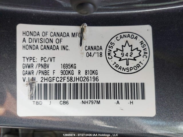 2018 Honda Civic მანქანა იყიდება აუქციონზე, vin: 2HGFC2F58JH026196, აუქციონის ნომერი: 12665674