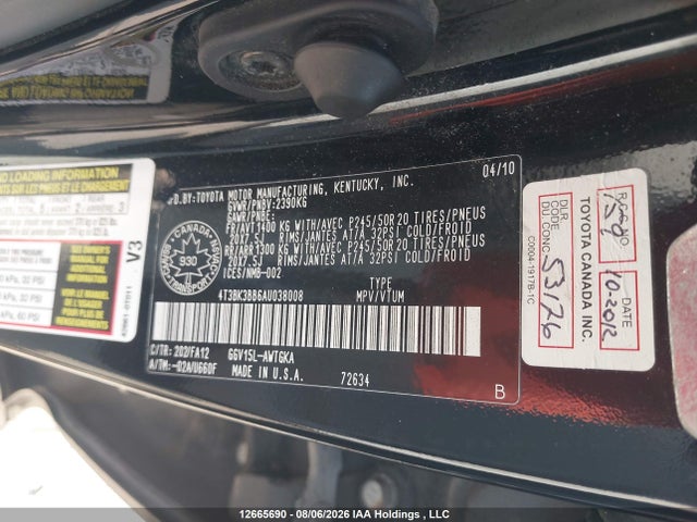 12665690 :رقم المزاد ، 4T3BK3BB6AU038008 vin ، 2010 Toyota Venza مزاد بيع