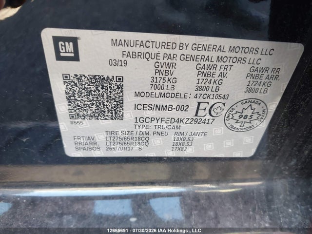 Aukcja sprzedaży 2019 Chevrolet Silverado 1500 Lt Trail Boss, vin: 1GCPYFED4KZ292417, numer aukcji: 12665691