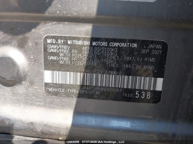 2022 Mitsubishi Eclipse Cross Es მანქანა იყიდება აუქციონზე, vin: JA4ATUAA9NZ610387, აუქციონის ნომერი: 12665696