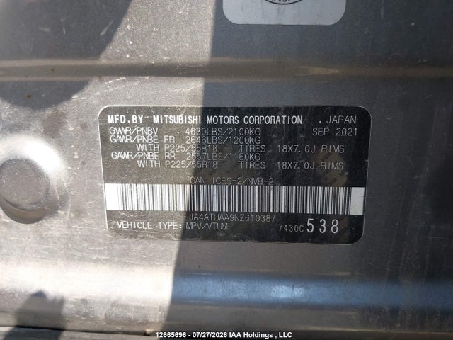 2022 Mitsubishi Eclipse Cross Es მანქანა იყიდება აუქციონზე, vin: JA4ATUAA9NZ610387, აუქციონის ნომერი: 12665696
