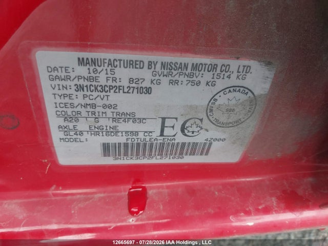 3N1CK3CP2FL271030 Nissan Micra S/sr/sv