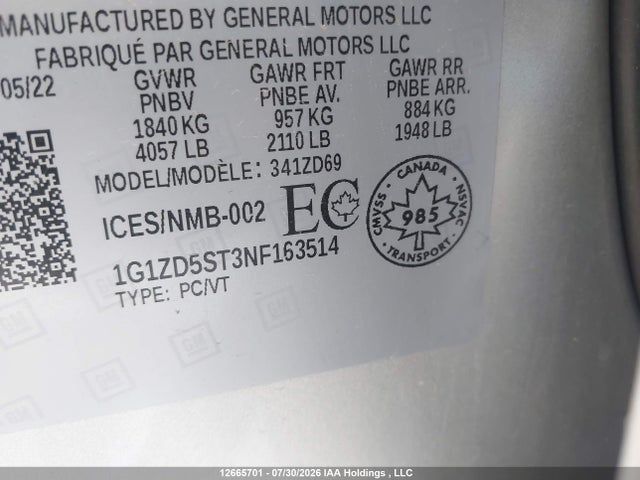 12665701 :رقم المزاد ، 1G1ZD5ST3NF163514 vin ، 2022 Chevrolet Malibu مزاد بيع
