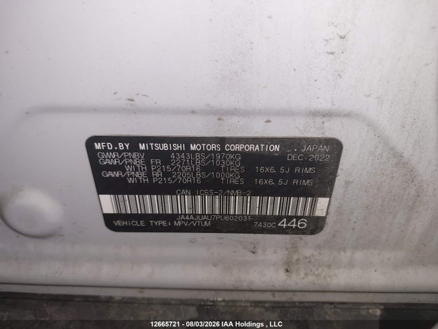 2023 Mitsubishi Rvr Es მანქანა იყიდება აუქციონზე, vin: JA4AJUAU7PU602031, აუქციონის ნომერი: 12665721
