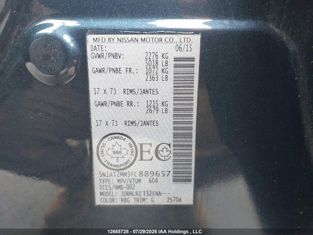 5N1AT2MM3FC889657 Nissan Rogue S/sl/sv
