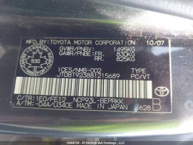 12665729 :رقم المزاد ، JTDBT923881215689 vin ، 2008 Toyota Yaris مزاد بيع