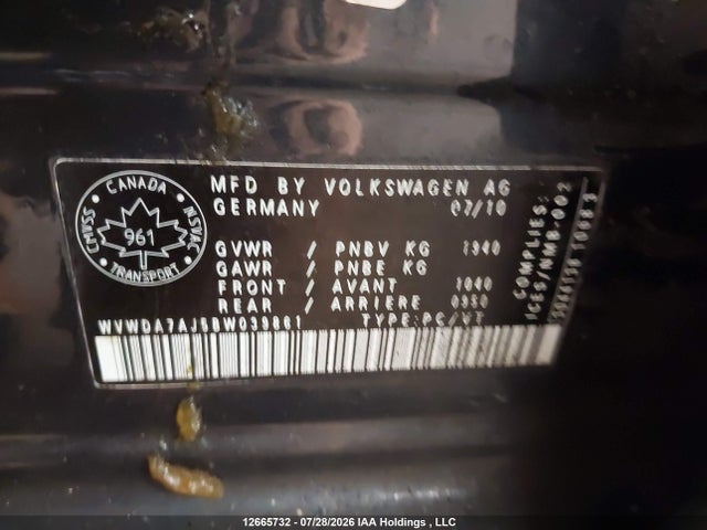 Aukcja sprzedaży 2011 Volkswagen Golf, vin: WVWDA7AJ5BW039861, numer aukcji: 12665732