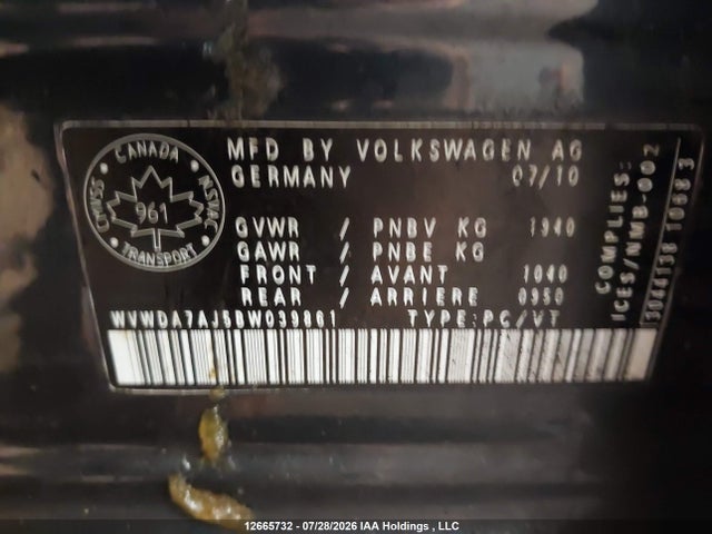 Aukcja sprzedaży 2011 Volkswagen Golf, vin: WVWDA7AJ5BW039861, numer aukcji: 12665732