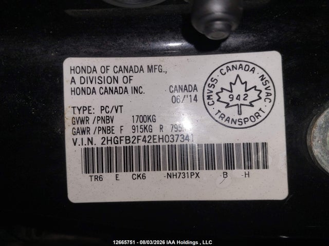 Honda Civic Lx 2014 2HGFB2F42EH037341 Image 9