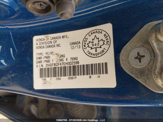 Продаж на аукціоні авто 2014 Honda Civic Lx, vin: 2HGFB2F47EH002598, номер лоту: 12665765
