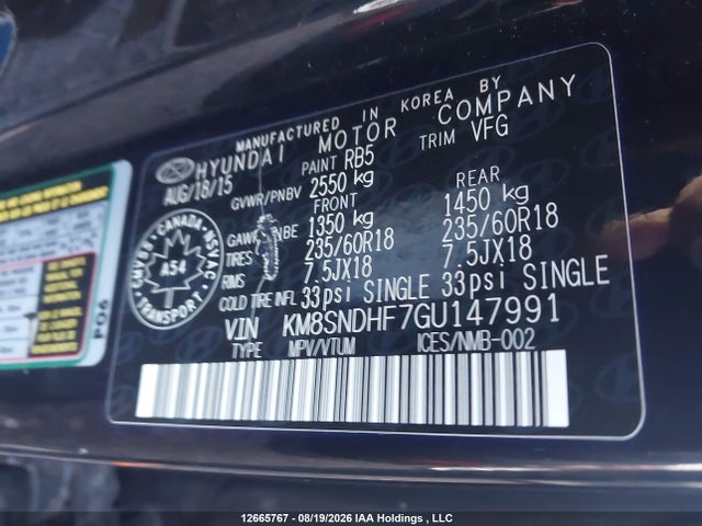 2016 Hyundai Santa Fe Xl მანქანა იყიდება აუქციონზე, vin: KM8SNDHF7GU147991, აუქციონის ნომერი: 12665767