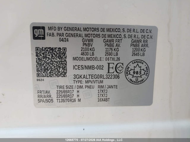 12665770 :رقم المزاد ، 3GKALTEG0RL322306 vin ، 2024 Gmc Terrain Sle مزاد بيع