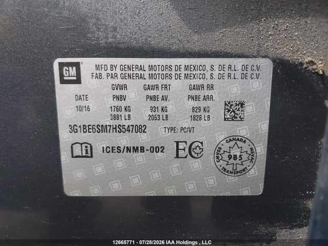 12665771 :رقم المزاد ، 3G1BE6SM7HS547082 vin ، 2017 Chevrolet Cruze Lt مزاد بيع