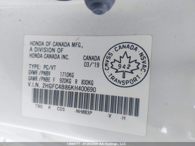 12665777 :رقم المزاد ، 2HGFC4B86KH400690 vin ، 2019 Honda Civic Sport مزاد بيع