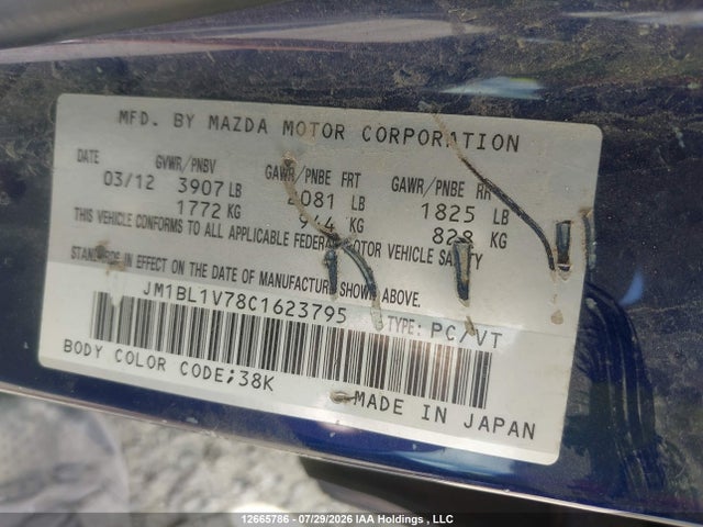 12665786 :رقم المزاد ، JM1BL1V78C1623795 vin ، 2012 Mazda 3 I مزاد بيع