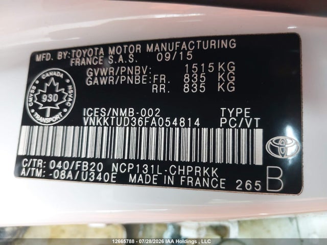 Aukcja sprzedaży 2015 Toyota Yaris, vin: VNKKTUD36FA054814, numer aukcji: 12665788
