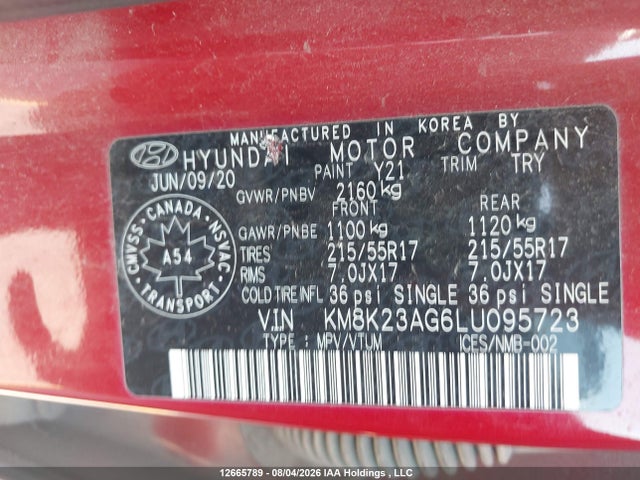 12665789 :رقم المزاد ، KM8K23AG6LU095723 vin ، 2020 Hyundai Kona Electric Preferred With Two-tone Roof مزاد بيع