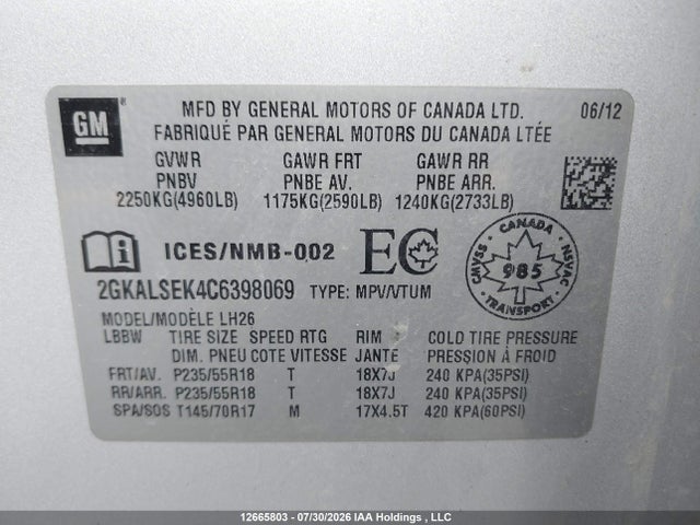 12665803 :رقم المزاد ، 2GKALSEK4C6398069 vin ، 2012 Gmc Terrain Sle مزاد بيع