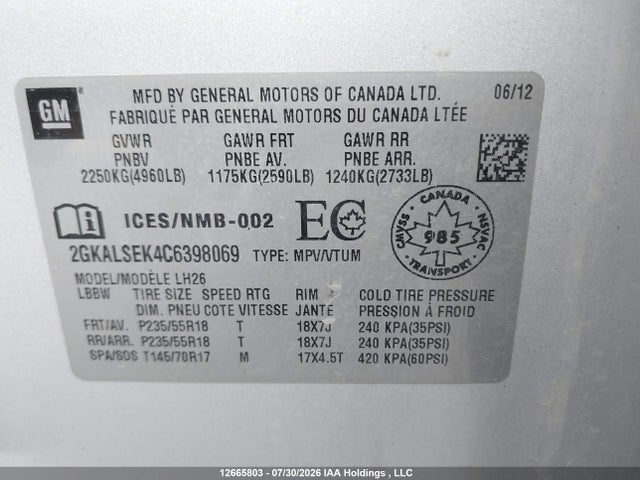 12665803 :رقم المزاد ، 2GKALSEK4C6398069 vin ، 2012 Gmc Terrain Sle مزاد بيع