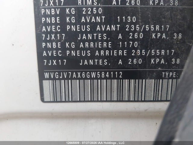 Aukcja sprzedaży 2016 Volkswagen Tiguan Comfortline/highline/special Edition, vin: WVGJV7AX6GW584112, numer aukcji: 12665809