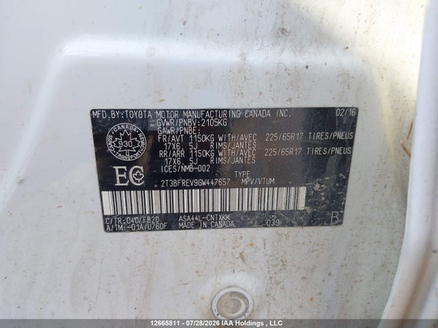 2016 Toyota Rav4 Le მანქანა იყიდება აუქციონზე, vin: 2T3BFREV9GW447657, აუქციონის ნომერი: 12665811