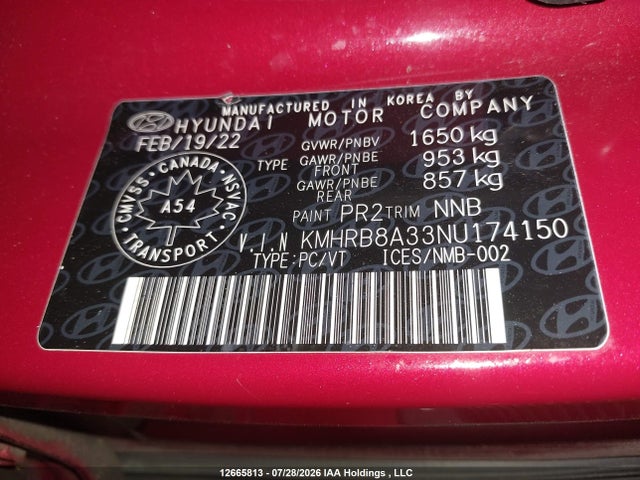 Продажа на аукционе авто 2022 Hyundai Venue Se, vin: KMHRB8A33NU174150, номер лота: 12665813