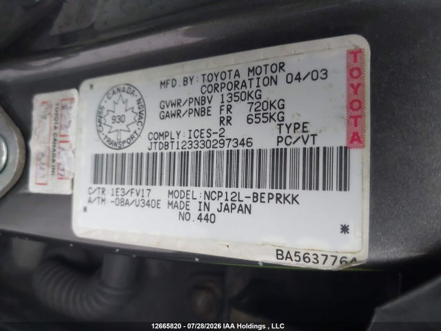 Продажа на аукционе авто 2003 Toyota Echo, vin: JTDBT123330297346, номер лота: 12665820