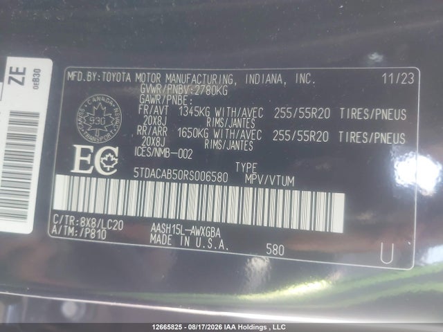 5TDACAB50RS006580 Toyota Grand Highlander Xle/limited