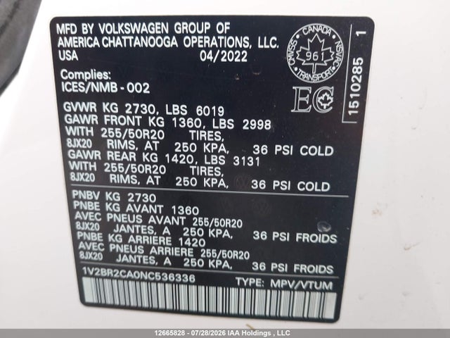 Aukcja sprzedaży 2022 Volkswagen Atlas 3.6 Fsi Highline, vin: 1V2BR2CA0NC536336, numer aukcji: 12665828