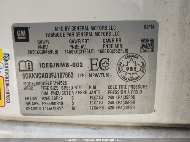 Продажа на аукционе авто 2015 Buick Enclave, vin: 5GAKVCKD0FJ107663, номер лота: 12665847