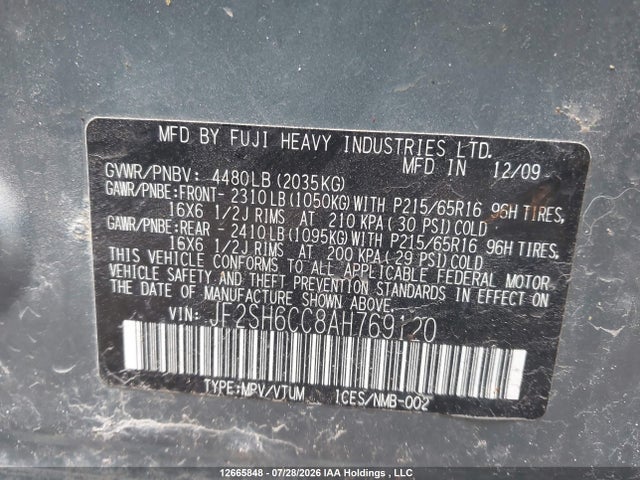 Aukcja sprzedaży 2010 Subaru Forester 2.5x Premium, vin: JF2SH6CC8AH769120, numer aukcji: 12665848
