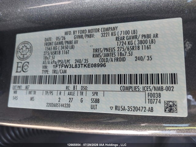 2026 Ford F150 Xlt მანქანა იყიდება აუქციონზე, vin: 1FTFW3L83TKE08996, აუქციონის ნომერი: 12665854
