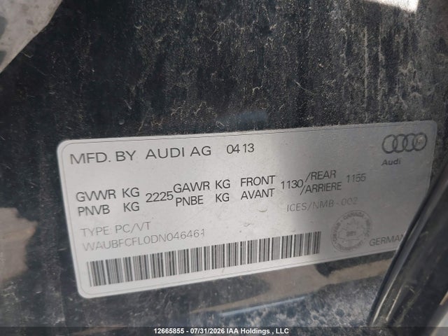 Aukcja sprzedaży 2013 Audi A4 Quattro, vin: WAUBFCFL0DN046461, numer aukcji: 12665855
