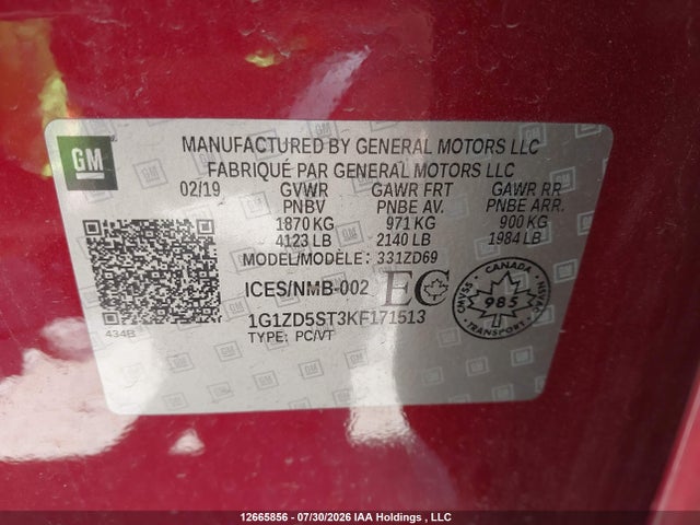 Продаж на аукціоні авто 2019 Chevrolet Malibu Lt, vin: 1G1ZD5ST3KF171513, номер лоту: 12665856