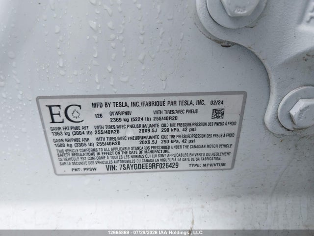 2024 Tesla Model Y მანქანა იყიდება აუქციონზე, vin: 7SAYGDEE9RF026429, აუქციონის ნომერი: 12665869