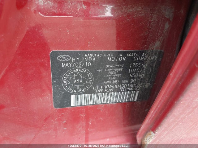 Auction sale of the 2010 Hyundai Elantra Blue/gls/se, vin: KMHDU4BD1AU085143, lot number: 12665870