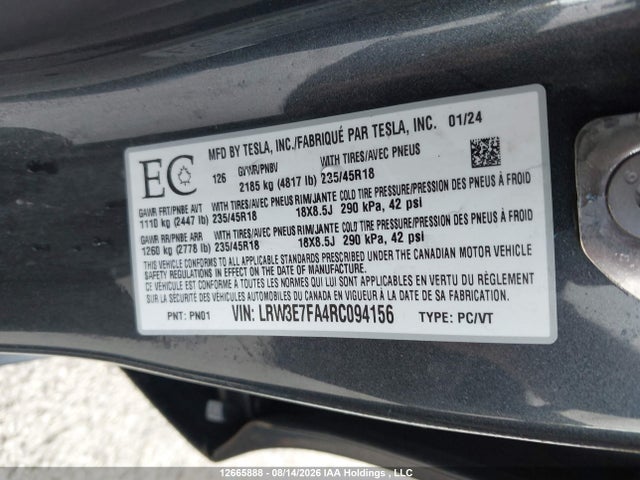 Продаж на аукціоні авто 2024 Tesla Model 3, vin: LRW3E7FA4RC094156, номер лоту: 12665888