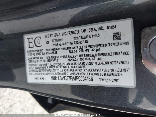 Продаж на аукціоні авто 2024 Tesla Model 3, vin: LRW3E7FA4RC094156, номер лоту: 12665888