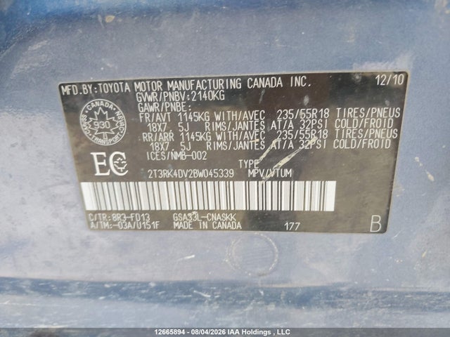 2011 Toyota Rav4 მანქანა იყიდება აუქციონზე, vin: 2T3RK4DV2BW045339, აუქციონის ნომერი: 12665894
