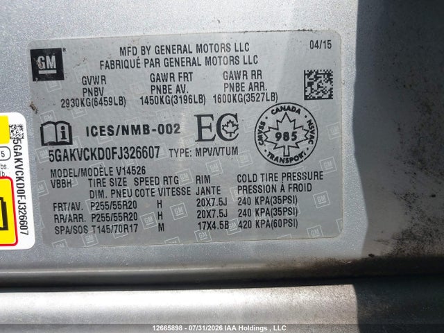 Buick Enclave 2015 5GAKVCKD0FJ326607 Image 18