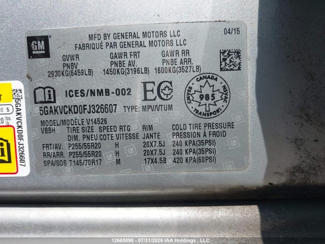 Buick Enclave 2015 5GAKVCKD0FJ326607 Image 9
