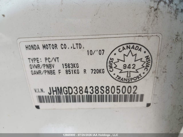 2008 Honda Fit Dx/lx მანქანა იყიდება აუქციონზე, vin: JHMGD38438S805002, აუქციონის ნომერი: 12665900