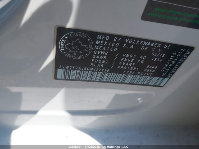 12665901 :رقم المزاد ، 3VW2K7AJ6DM422230 vin ، 2013 Volkswagen Jetta 2.0l Trendline/2.0l Trendline+ مزاد بيع