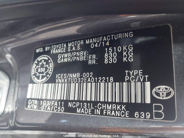 Aukcja sprzedaży 2014 Toyota Yaris, vin: VNKKTUD32EA012218, numer aukcji: 12665902