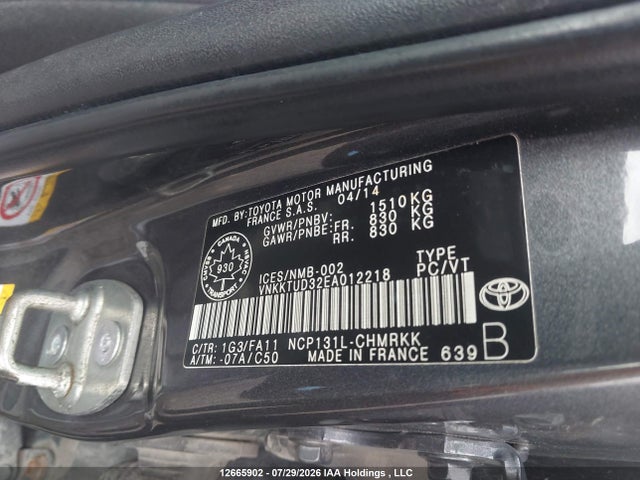Aukcja sprzedaży 2014 Toyota Yaris, vin: VNKKTUD32EA012218, numer aukcji: 12665902