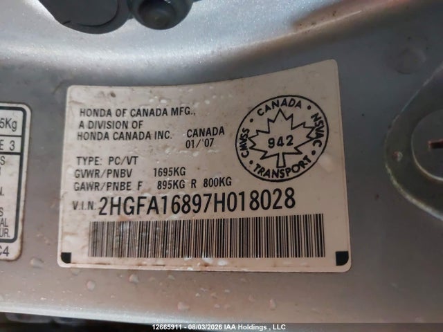 Продаж на аукціоні авто 2007 Honda Civic Ex, vin: 2HGFA16897H018028, номер лоту: 12665911