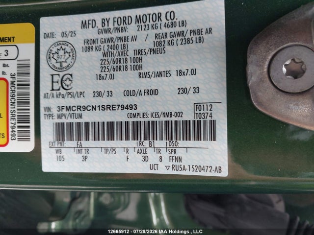 2025 Ford Bronco Sport მანქანა იყიდება აუქციონზე, vin: 3FMCR9CN1SRE79493, აუქციონის ნომერი: 12665912